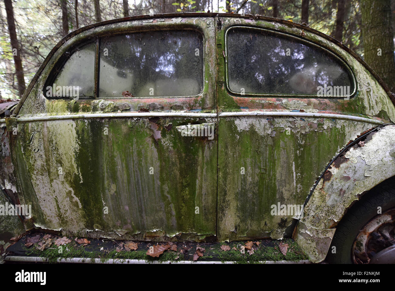 (Datei) Ein rostigen VW Käfer verwandelte sich in ein Kunst-Projekt wird am 28. Oktober 2014 in Fuldatal-Simmershausen gesehen. Nach Angaben des Eigentümers ist dies eines der ersten Autos, wechselnde Besitzer aus der DDR nach Westdeutschland kurz nach dem Fall der Mauer im Jahr 1989. Stockfoto