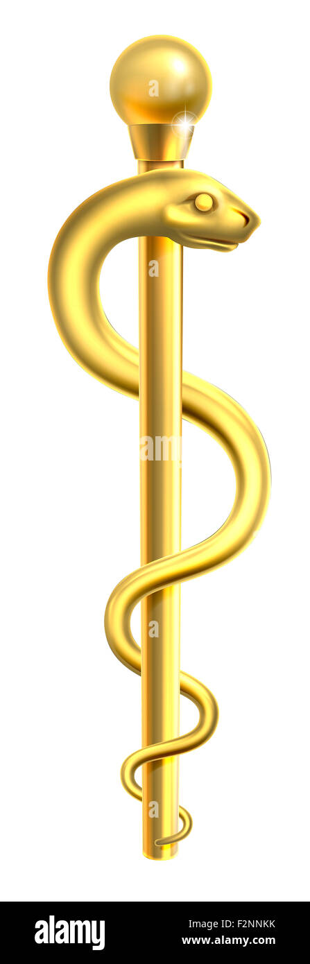 Ein gold Stab des Asklepios medizinischen Symbol oder ein Symbol mit einer  Schlange um einen Stab Stockfotografie - Alamy