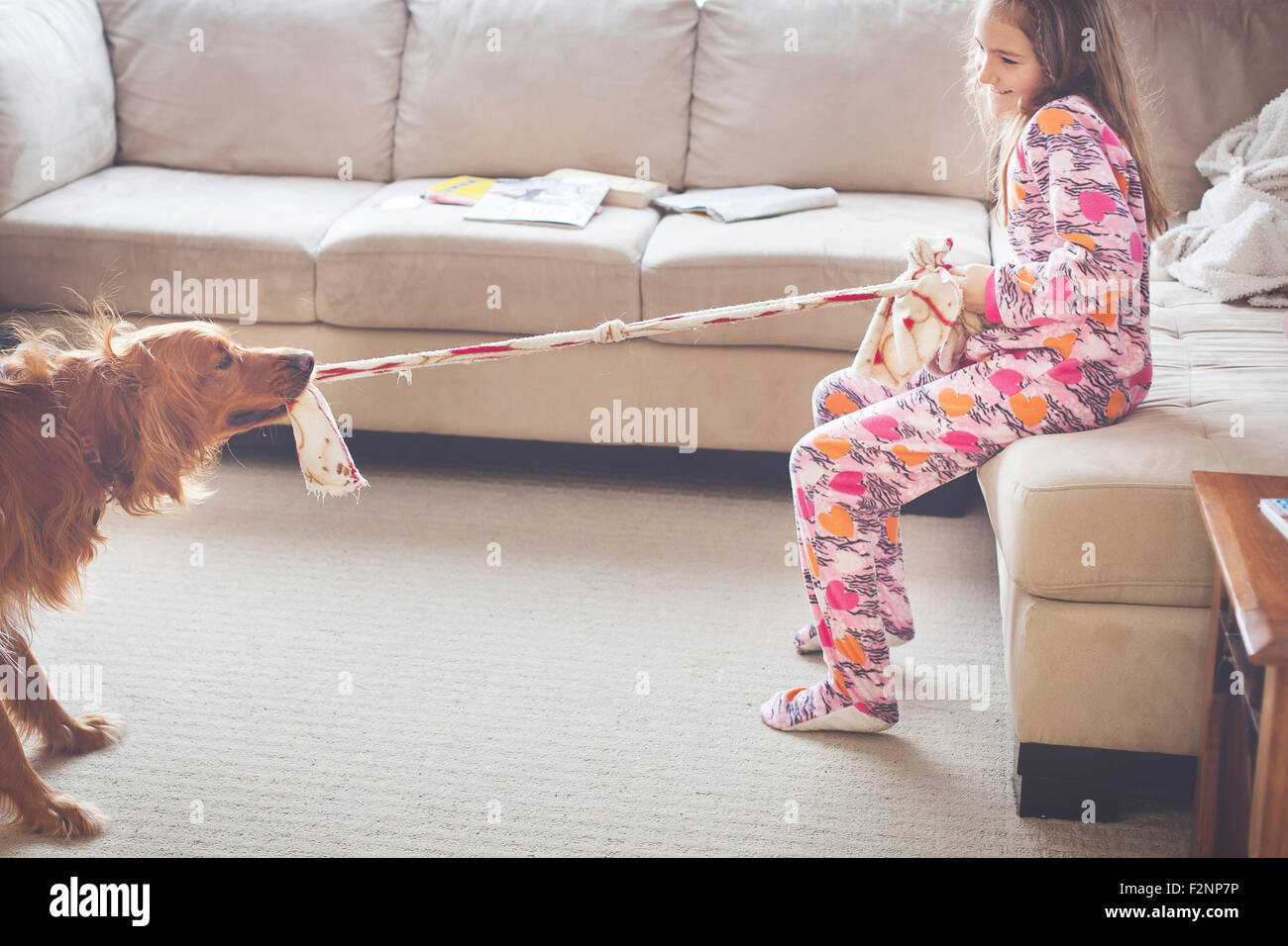 Kaukasische Mädchen spielen mit Hund im Wohnzimmer Stockfoto