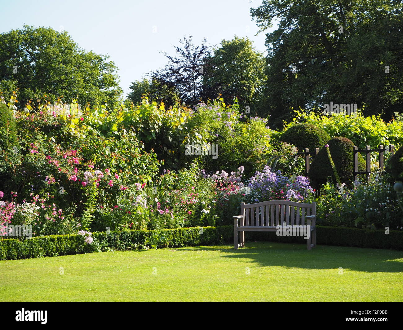 Hölzerne Sitzbank in einer Ecke des Gartens im Chenies Manor in Spätsommer Nachmittagssonne; Hübsche pastellfarbene Stauden und Box. Stockfoto