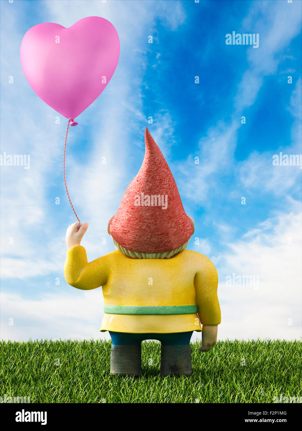 Rückansicht der Gartenzwerg stehen auf einer Wiese Holding rosa Ballon, 3D Rendering Stockfoto