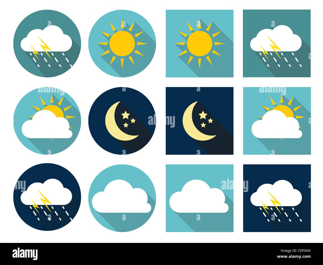 Wetter-Icons mit Wolke, Regen, Sonne und Mond im flachen Stil mit Stock Vektor