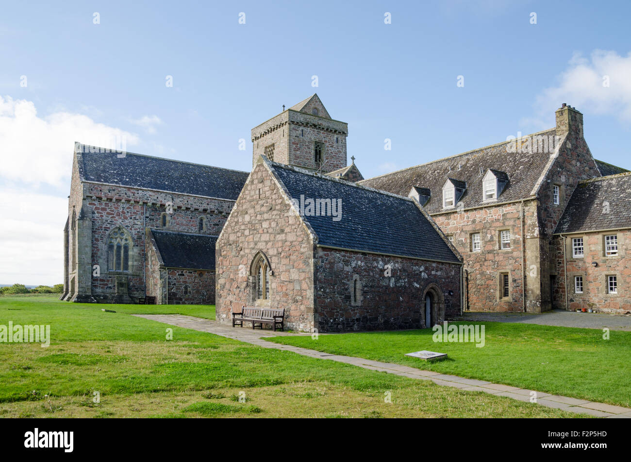 Rückansicht des Historic Scotland Iona Abbey und es ist aus Gebäuden, Isle of Iona, Argyle und Bute, Scotland Stockfoto