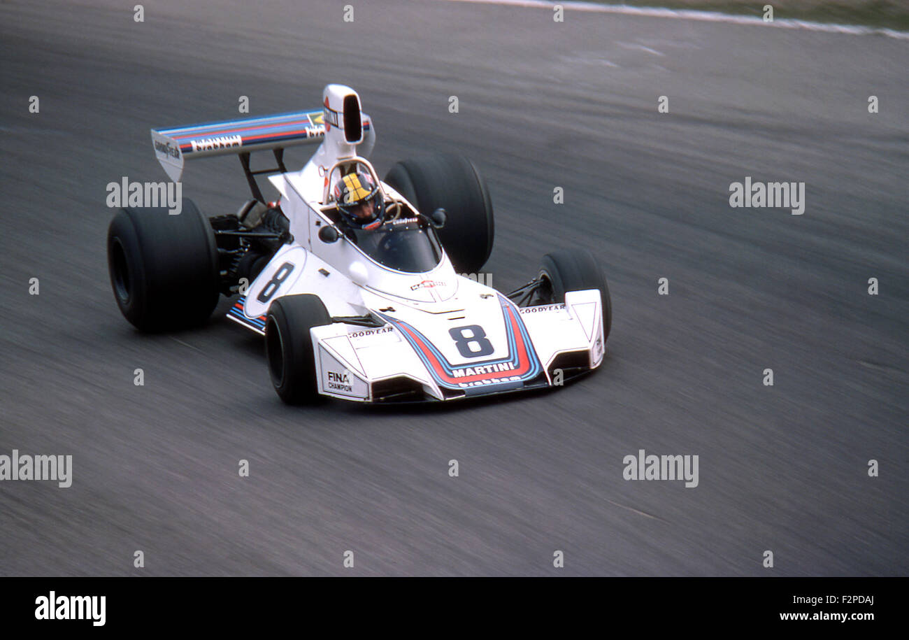 Carlos Pace in einem Brabham BT44B an den GP von Italien, Monza 1975 Stockfoto