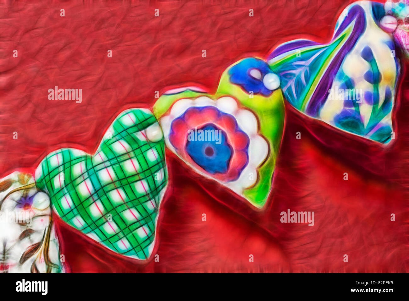 Abstract -Herz-String aus Stoff Material mit Knöpfen auf rotem Hintergrund mit Fractalius Filter angebracht - Fractals Fractal gesetzt Stockfoto