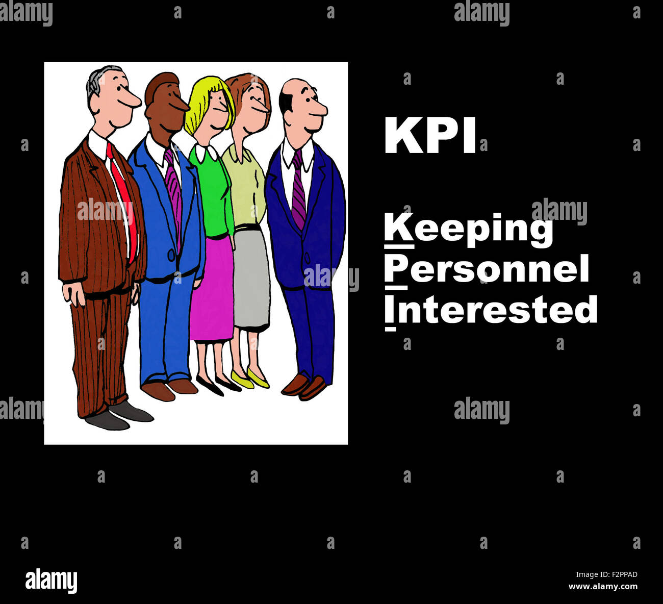 Geschäft Darstellung fünf Unternehmern, die Abkürzung "KPI" und das Wortspiel "Halten Personal interessiert". Stockfoto