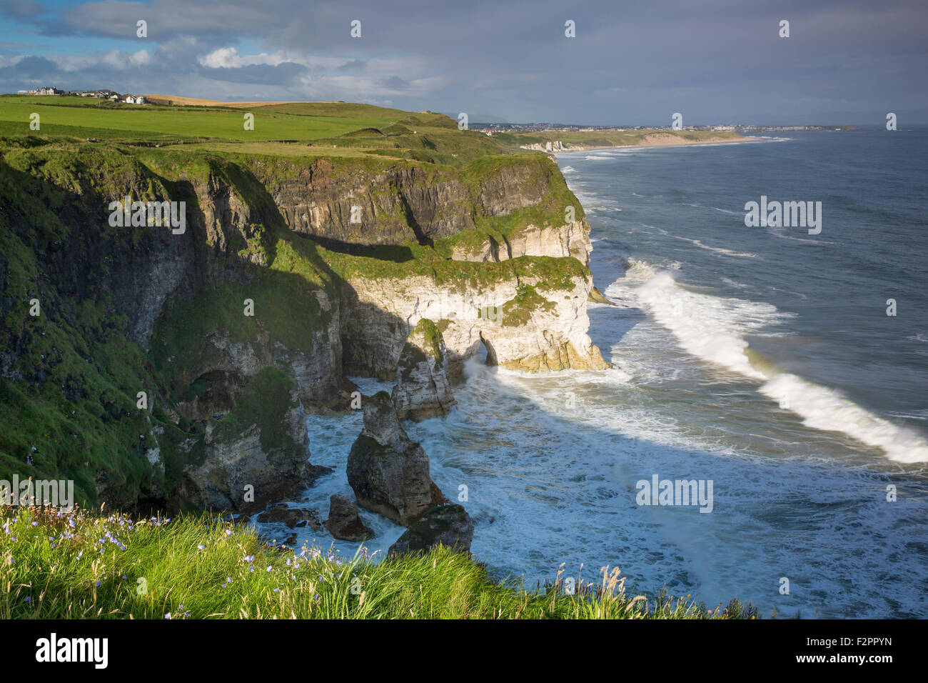 Morgen Blick Richtung Portrush entlang der nördlichen Küste des County Antrim, Nordirland, Großbritannien Stockfoto