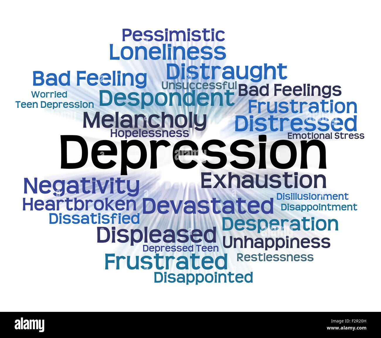 Depression-Word zeigt verlorene Hoffnung und Verzweiflung Stockfoto