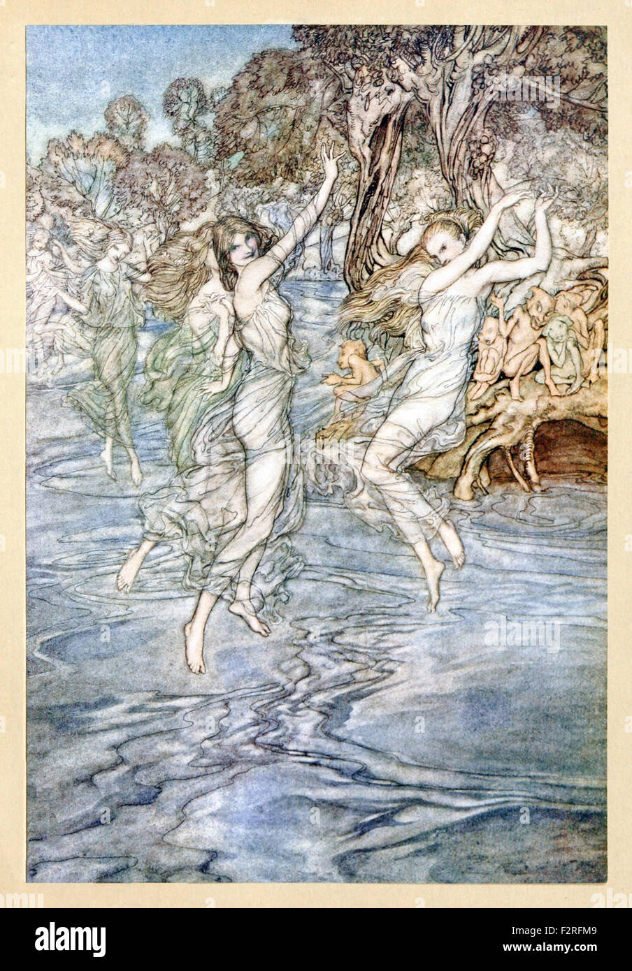 "Von den Nymphen, dass nächtlichen Tanz auf deine Streams mit schlauen Blick" von "Comus" von John Milton, Illustration von Arthur Rackham (1867-1939). Siehe Beschreibung für mehr Informationen. Stockfoto
