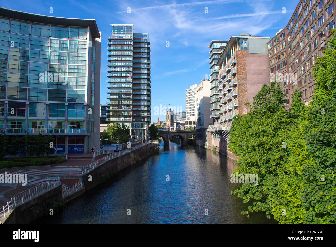 Fluß Irwell und Manchester Stadtbild. Stockfoto