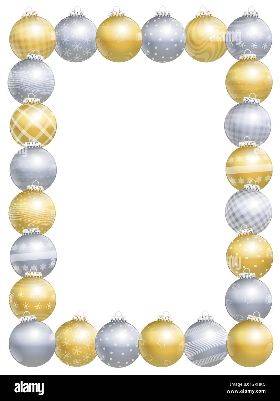 Weihnachtskugeln Bild Rahmen, gold, Silber, verschiedenen Ornamenten und Mustern, 24 Elemente, vertikale Hochformat. Stockfoto