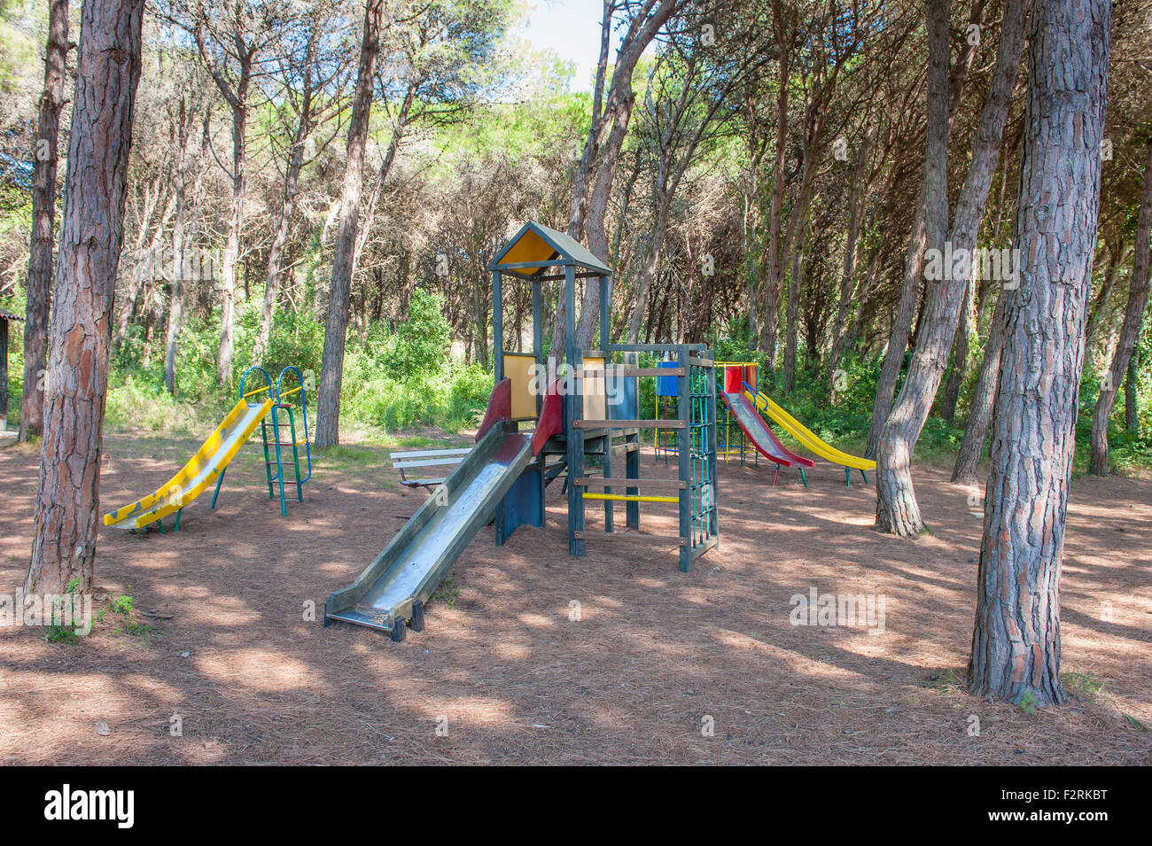 Spielplatz mit farbiger Folie in einem grünen Pinienwald Stockfoto