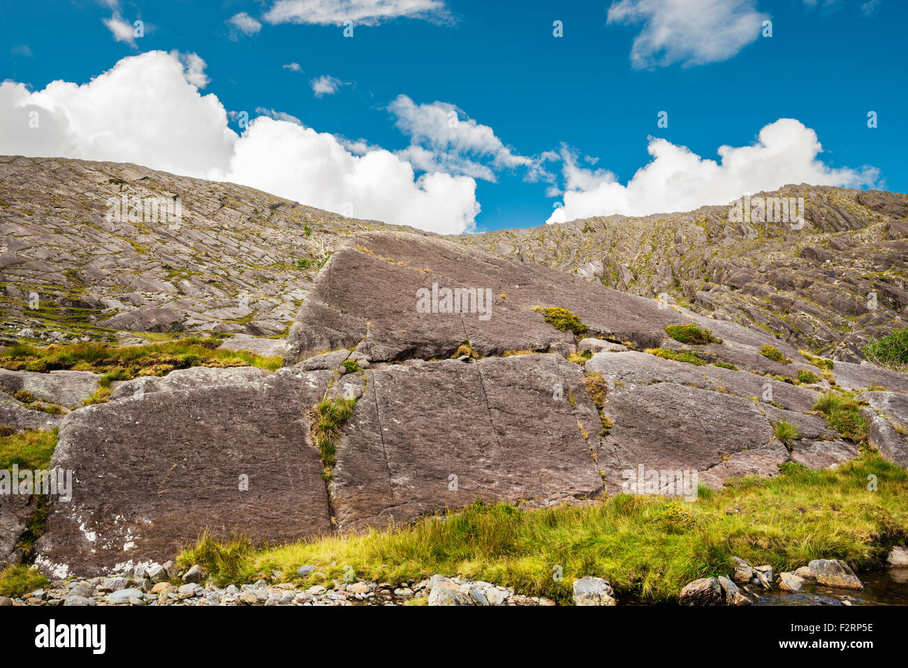 Hungry Hill ist ein felsiger Berg, gebildet aus gefalteten und gekippte Devon Sandstein in die Caha Berge von Beara, County Cork Stockfoto
