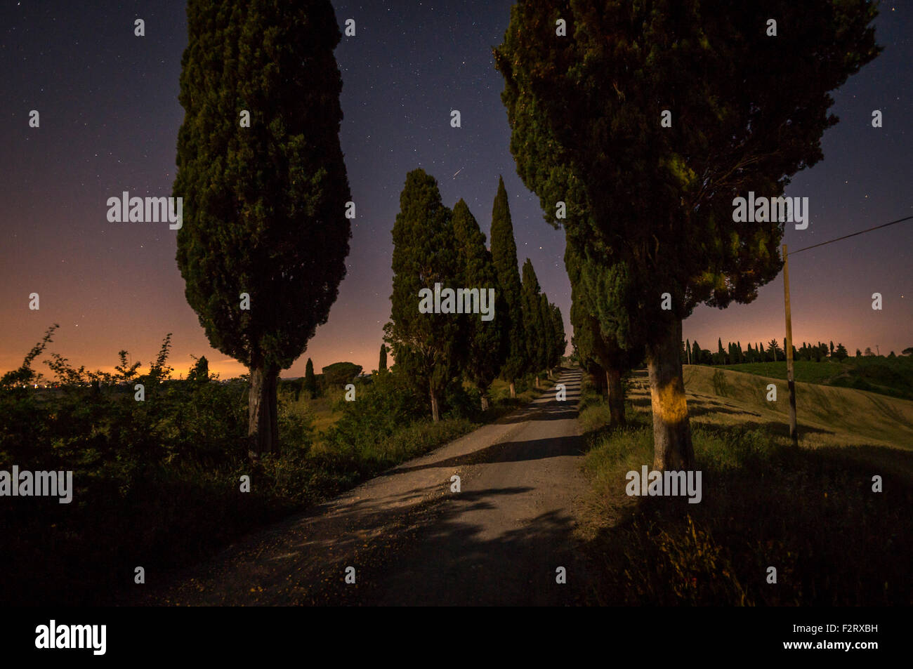 Toskana Italien in der Dämmerung mit Zypressen im Vordergrund Stockfoto
