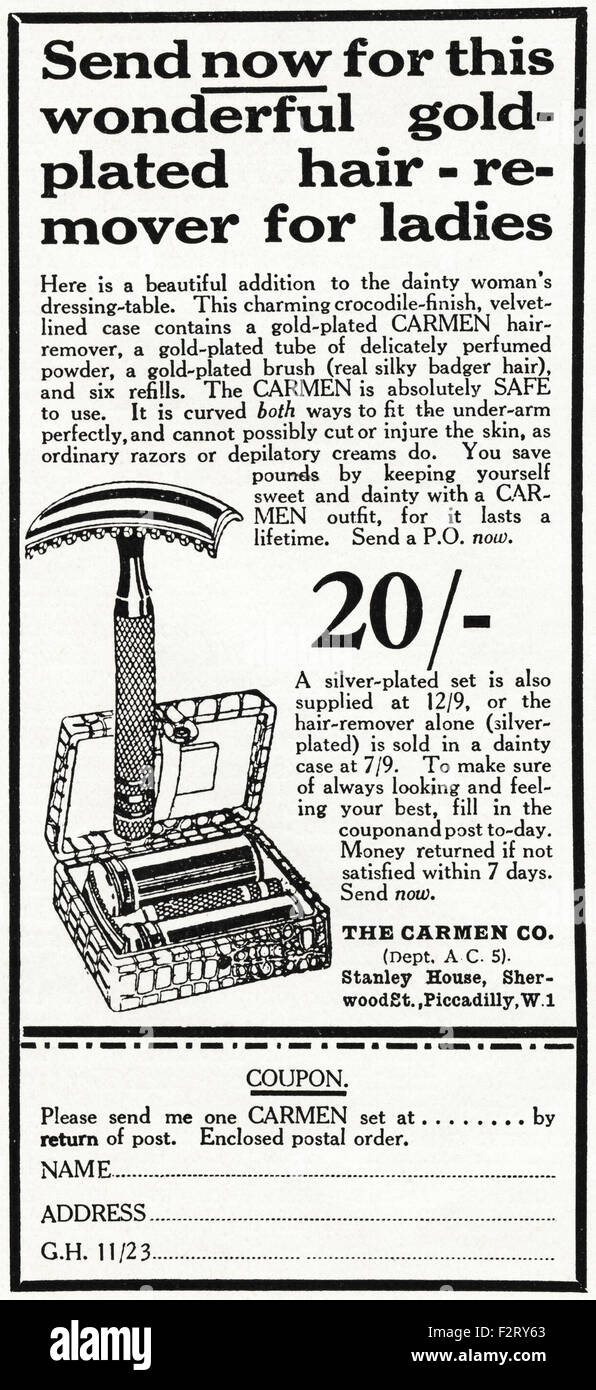 1920er Jahre Werbung. Anzeige vom 1923 Werbung Carmen vergoldete Damen Rasierer Stockfoto
