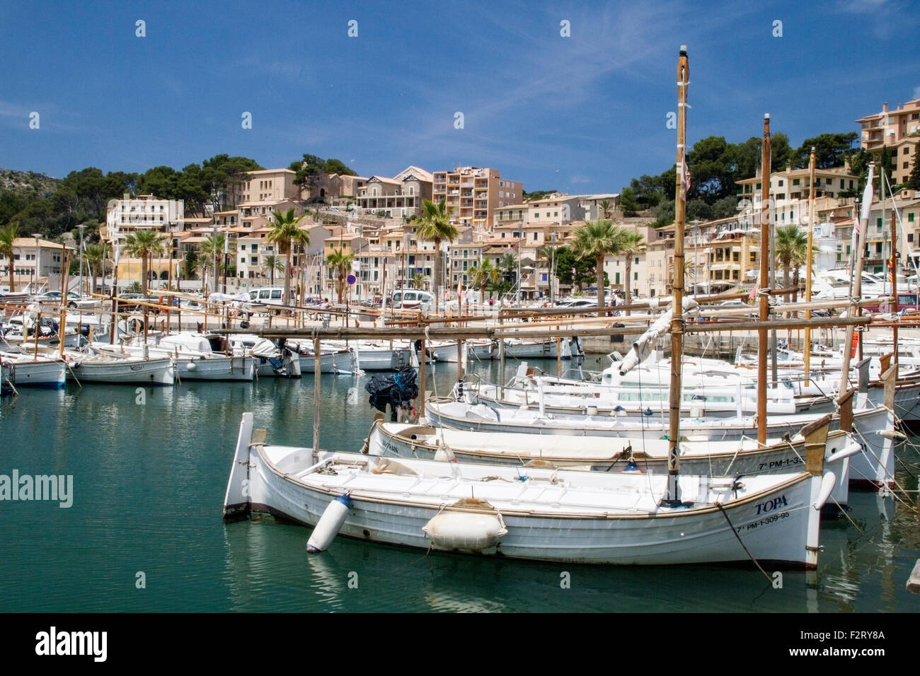 Blick auf den Hafen von Soller, ein Hafen in Mallorca, Balearen, Spanien, Europa Stockfoto