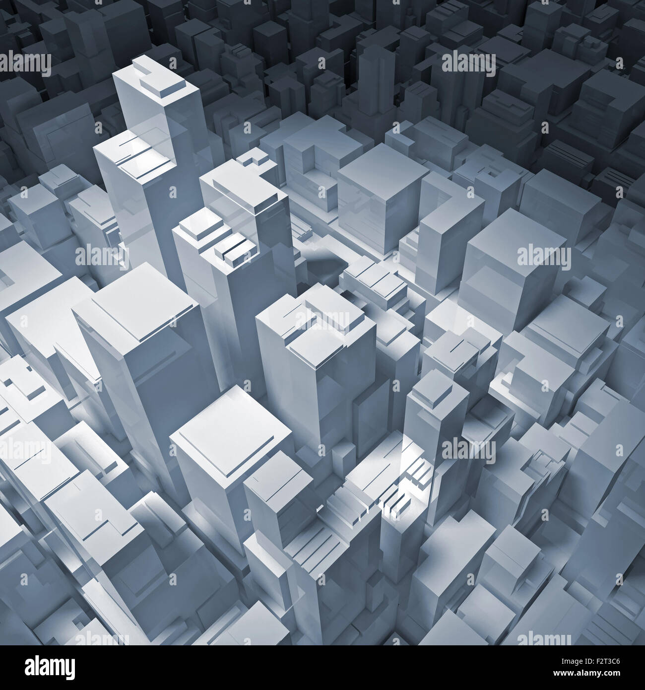 Abstrakte digitale Stadtbild mit hohen Bürogebäuden in blauen Scheinwerfer, 3d illustration Stockfoto