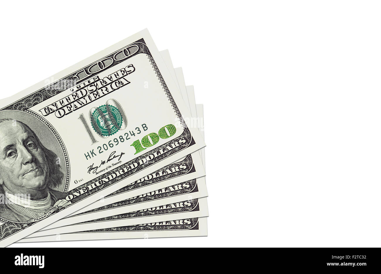 Stapel von ein hundert Dollar Rechnungen isoliert auf weiss Stockfoto