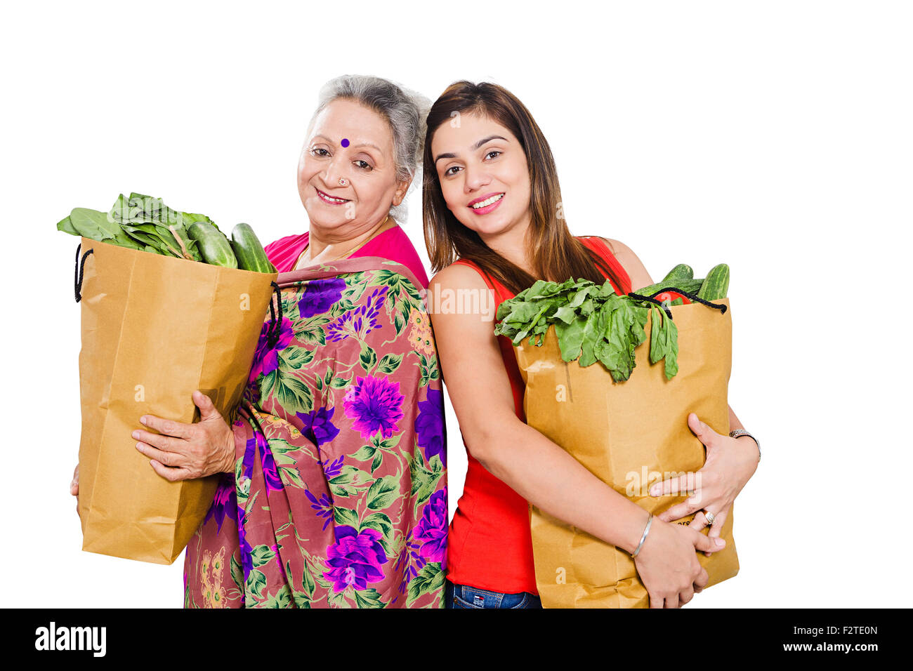 2 indische Mutter und Dayghter Gemüse Tasche Shopping Stockfoto