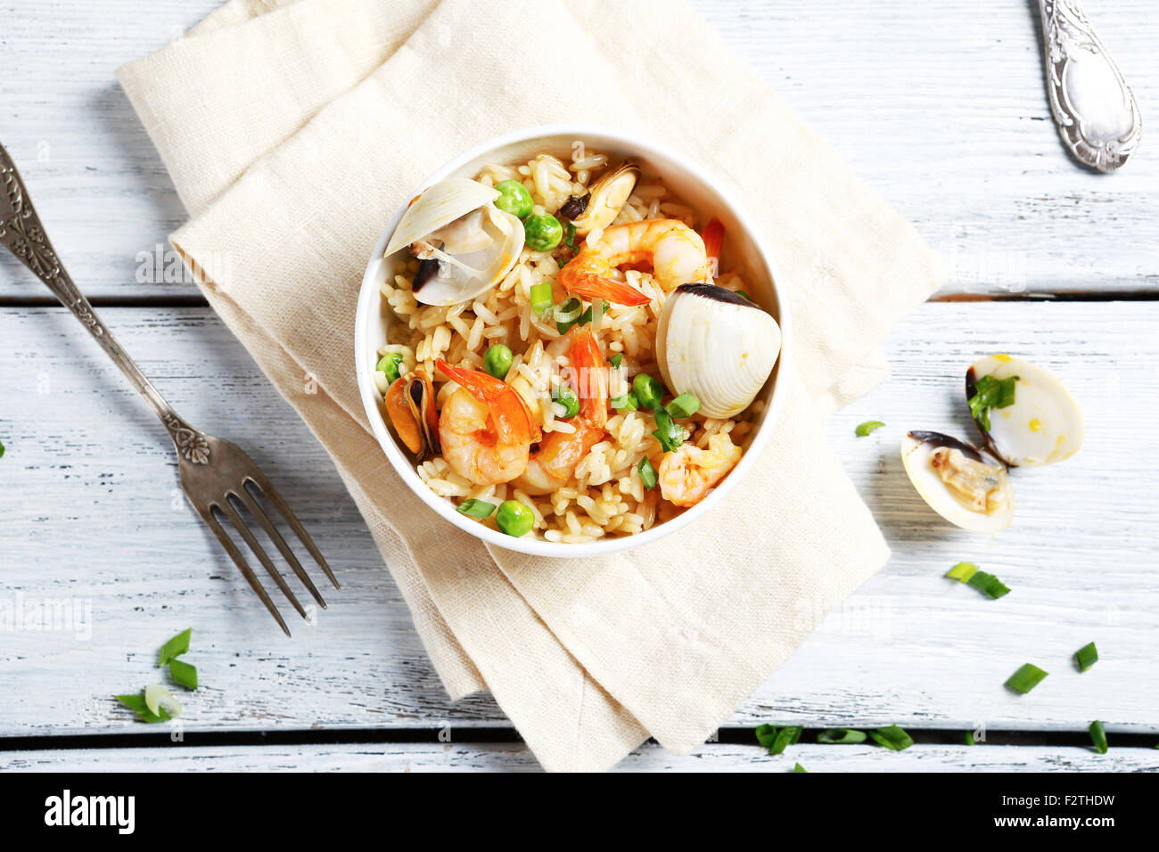 Nährende Reis mit Garnelen und Muscheln, Essen Stockfoto