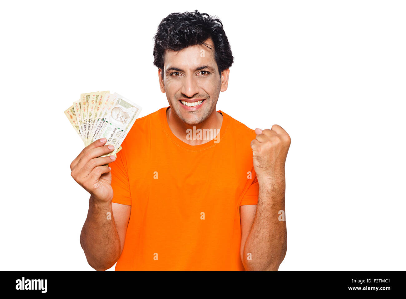 1 indische erwachsenen Mann mit Geld Faust Sieg Stockfoto