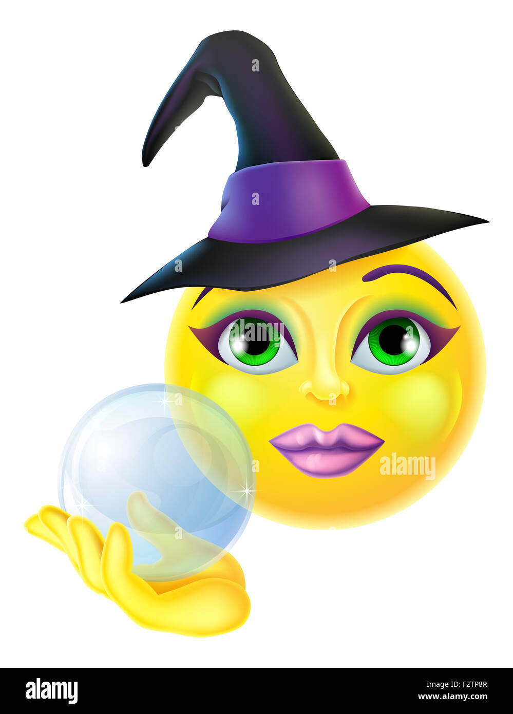 Eine niedliche Halloween Emoticons Emoji hält eine Kristallkugel Stockfoto