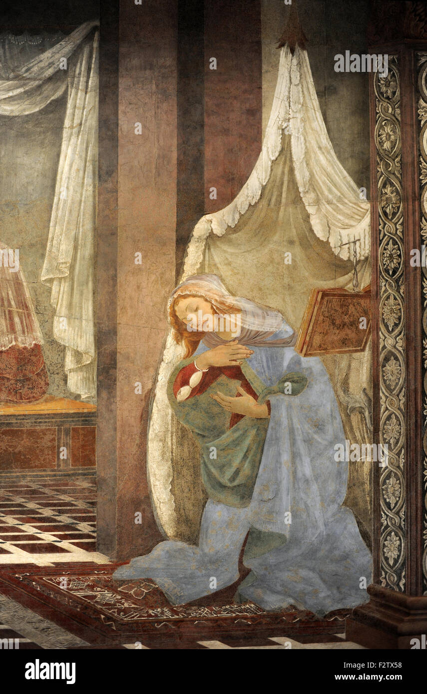 Sandro Botticelli (1445-1510). Italienischer Maler. Frührenaissance. Die Verkündigung, 1481. Jungfrau Maria. Unter freiem Himmel. Die Galerie der Uffizien. Florenz. Italien. Stockfoto