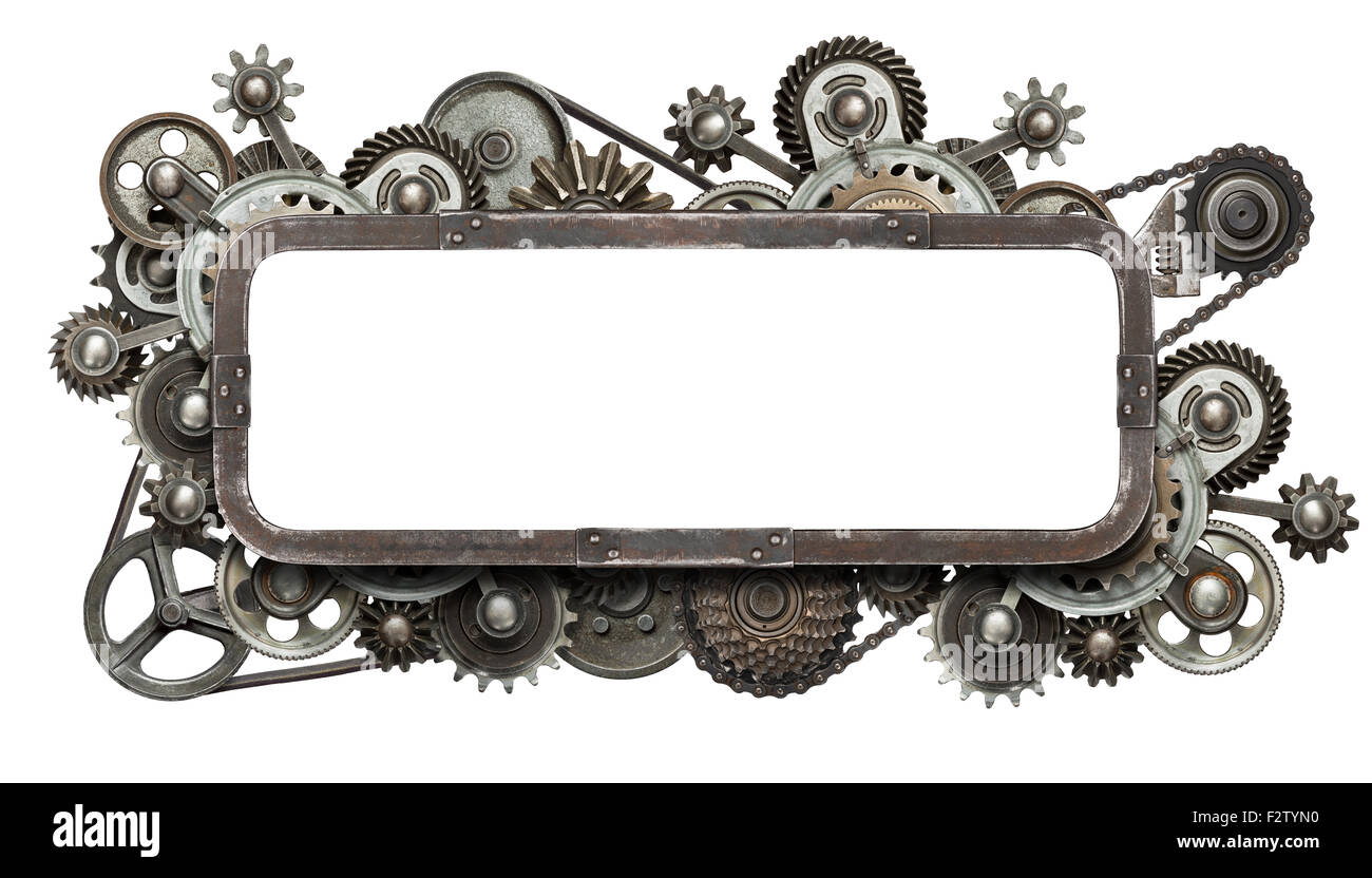 Stilisierte mechanische Collage mit isolierten Textfreiraum. Hergestellt aus Metallgetriebe und Texturen. Stockfoto