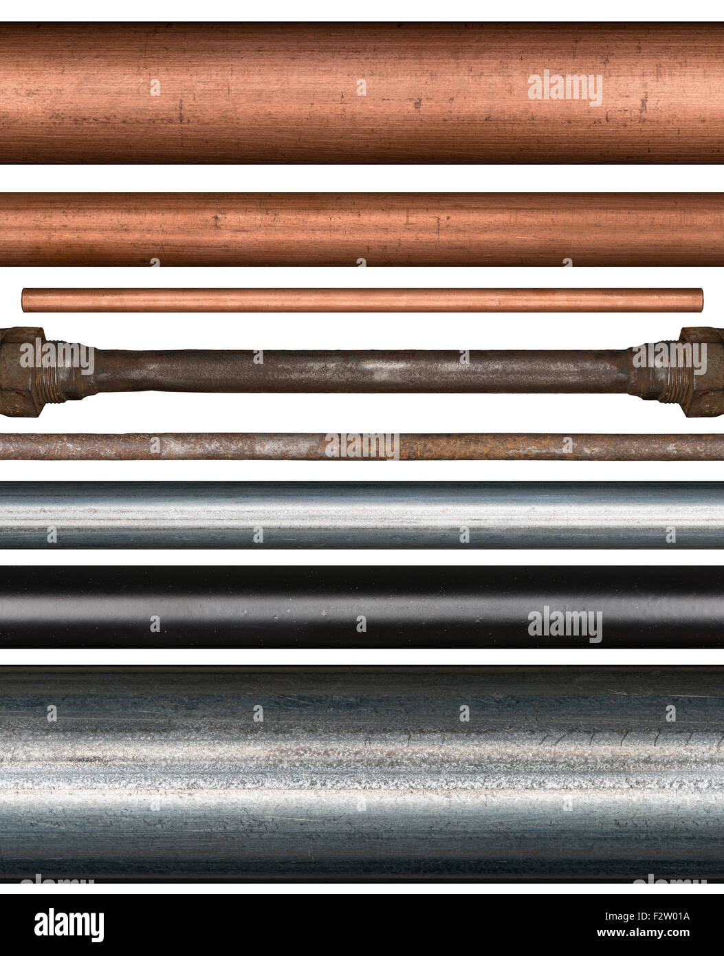 Kupfer, Stahl, rostig und lackiertem Metall Rohre isoliert auf weißem Hintergrund Stockfoto