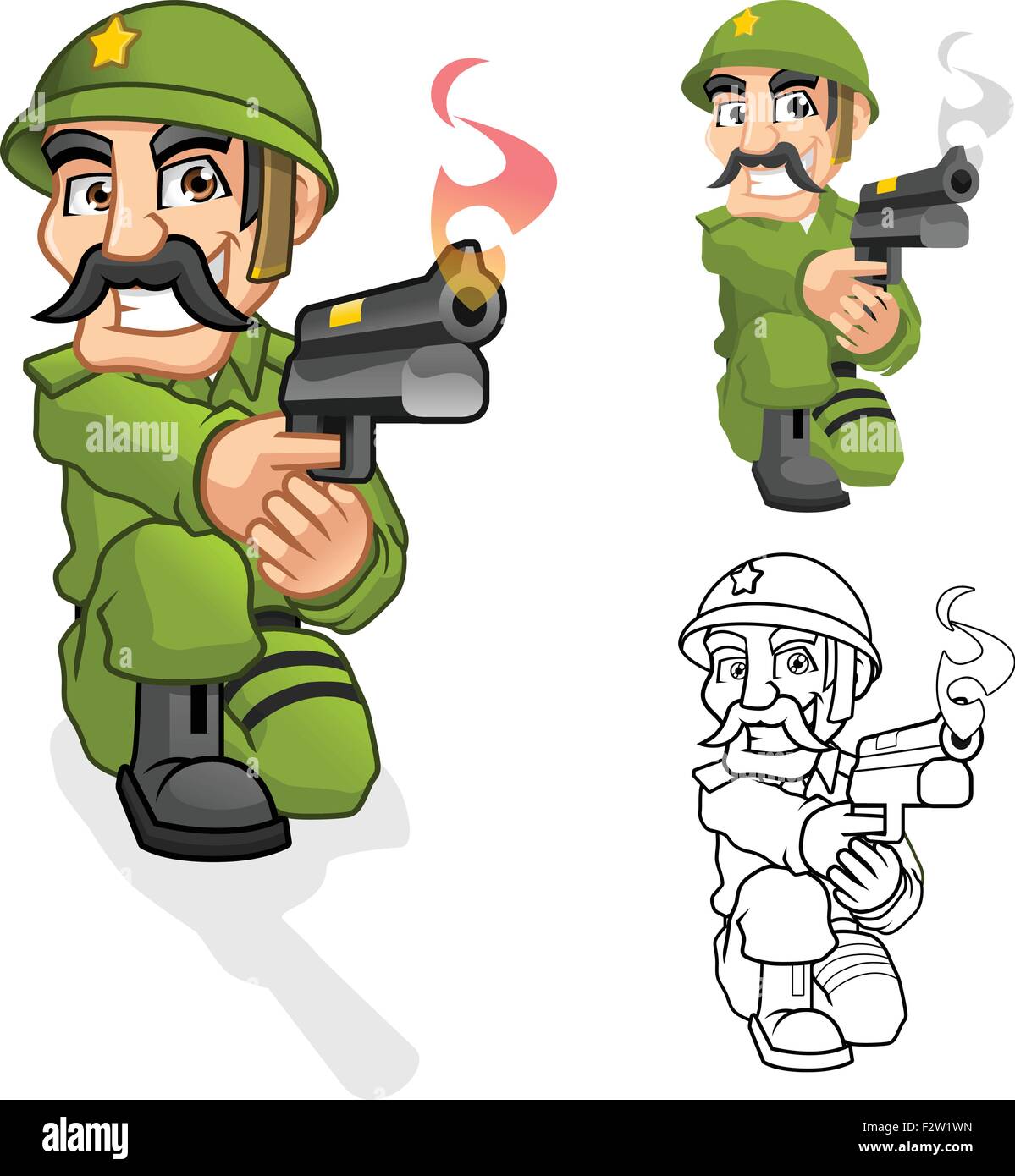 Kapitän Armee Cartoon-Figur mit dem Ziel einer Handfeuerwaffe mit Shooting-Pose Stock Vektor