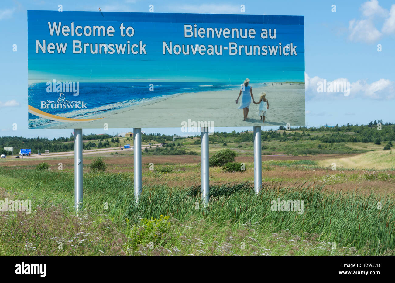 New Brunswick Kanada willkommen Billboard Zeichen am Rand des Nova Scotia am Trans Canada Highway Stockfoto