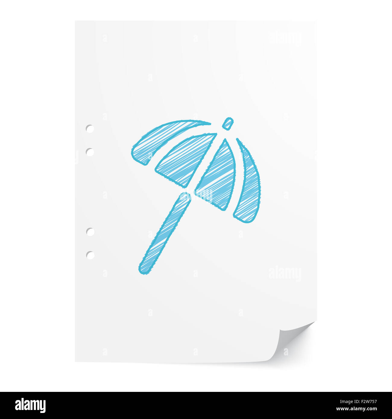 Blaue handgezeichneten Sonnenschirm Abbildung auf weißes Papier mit Textfreiraum Stockfoto