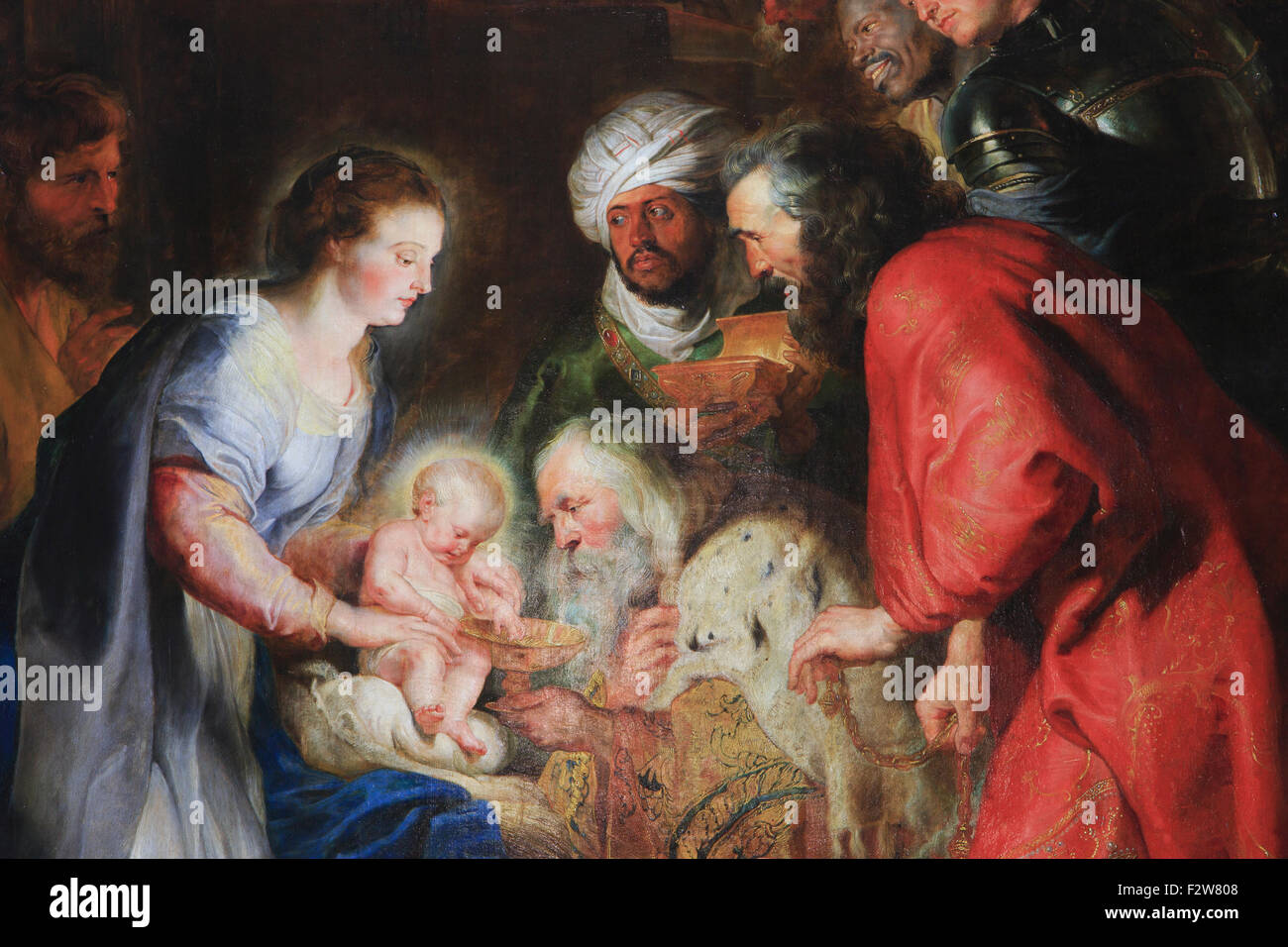 Nahaufnahme von der "Anbetung der Heiligen drei Könige" von Rubens in der St. Johannes Kirche in Mechelen, Belgien Stockfoto