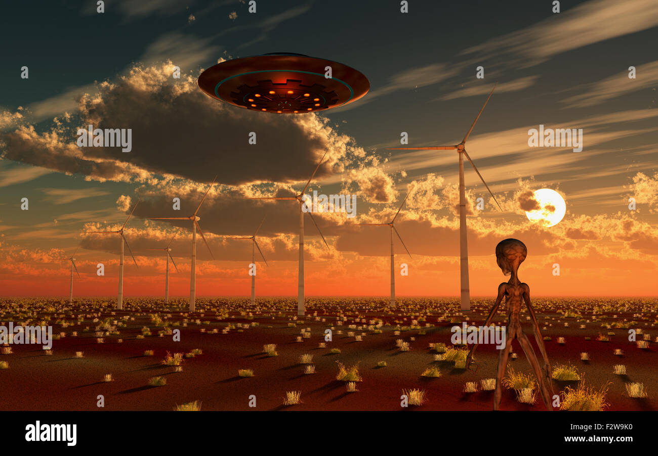 Ein UFO & Aliens eine Wüste Wind Farm besuchen. Stockfoto