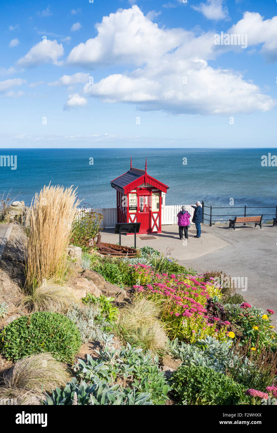 Saltburn am Meer, cliff Straßenbahn-Ticket Office am oberen Promenade. Saltburn, North Yorkshire, England. Großbritannien Stockfoto