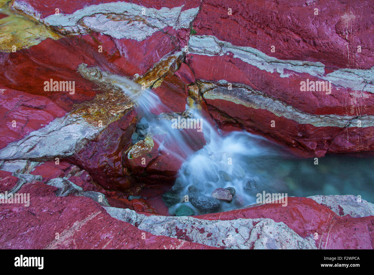 Tonschiefer mineralischen Sedimentschichten in Lost Horse Creek, Red Rock Canyon, Waterton Lakes National Park, Alberta, Kanada Stockfoto