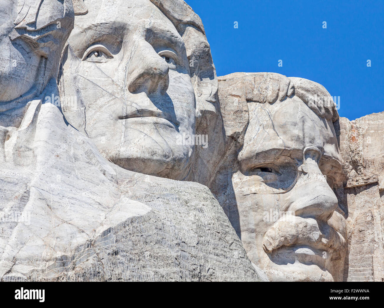Ein Blick von Roosevelt und Jefferson am Mount Rushmore National Memorial in South Dakota. Stockfoto