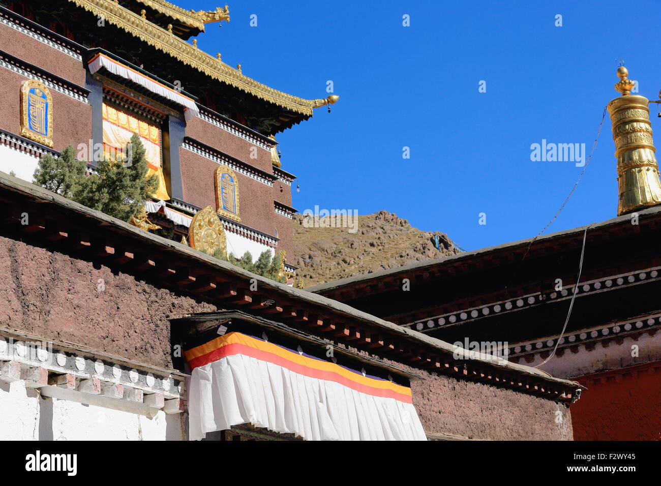 Vergoldete Dhvaja-Siegesbanner und Dharmachakra-Rad des Gesetzes zwei vom Ashtamangala-Glückssymbole. Dach des Tashilhunpo-Tibet Stockfoto