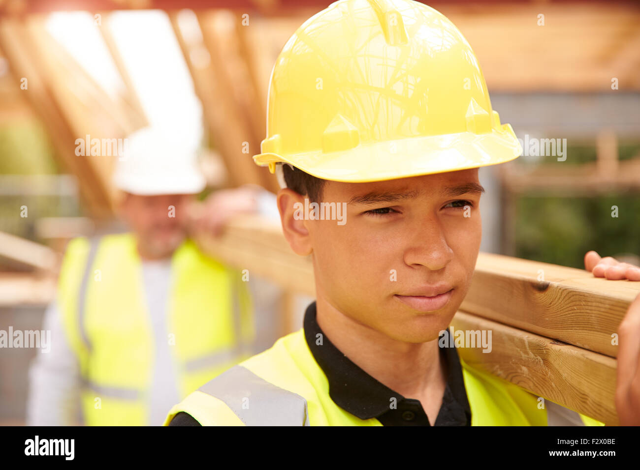 Baumeister und Lehrling trägt Holz auf Baustelle Stockfoto