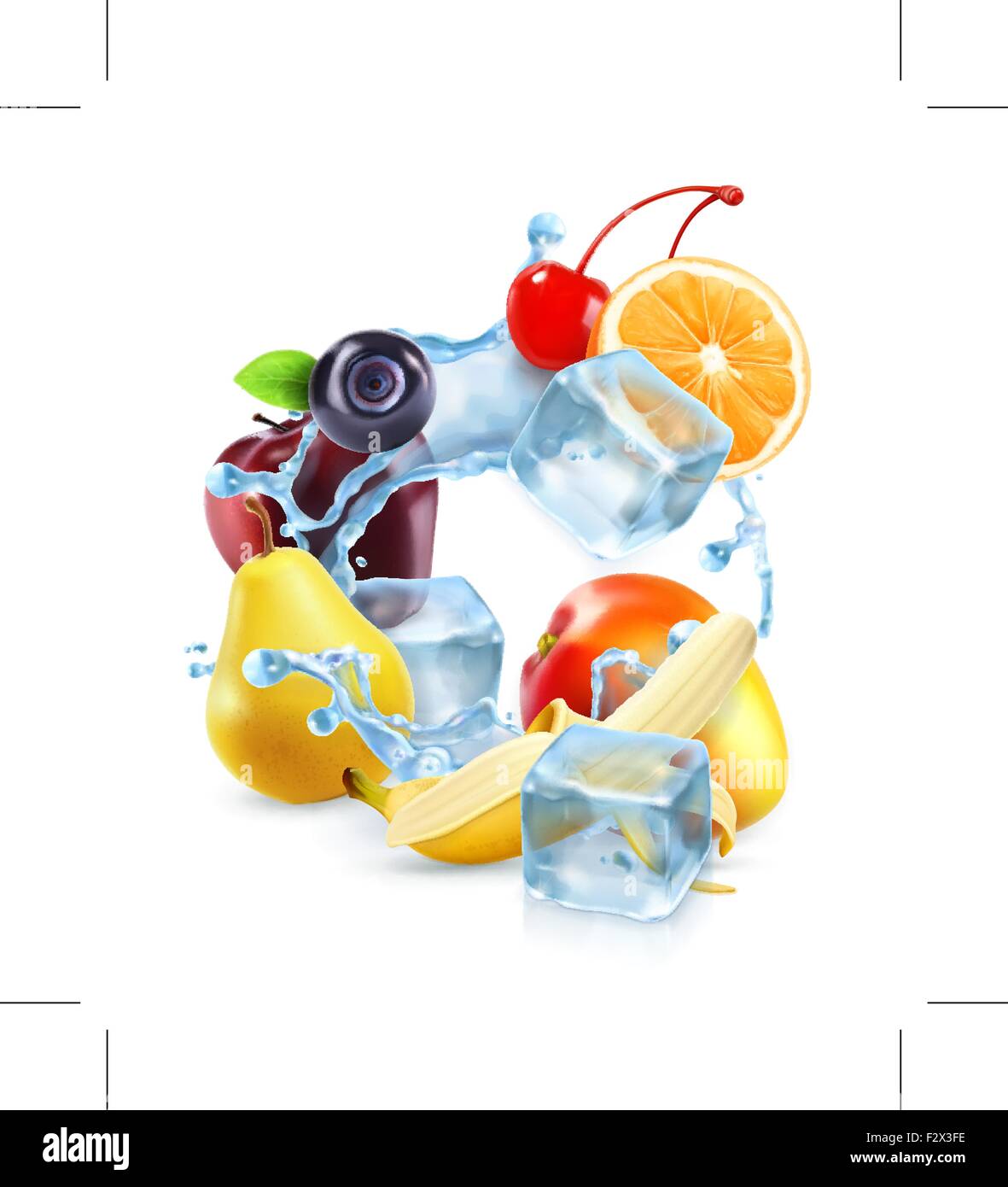Multifrucht mit Eiswürfeln und Wasser Spritzen, Vektor icon Stock Vektor