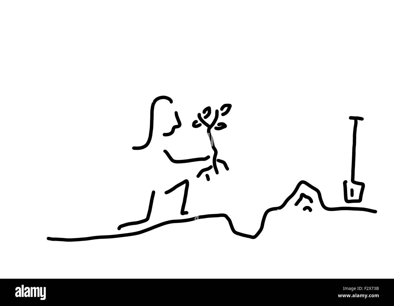 Gartenarbeit, Frau pflanzt einen Baum, Strichzeichnung, schwarz und weiß Stockfoto