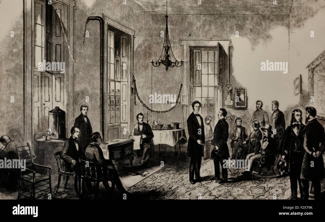 Nach Lincolns Mai 1860 Benennung bot der Gouverneur Gebrauch seines Amtes State House.  Nach dem Gewinn der Wahl, gewählter Präsident Lincoln Empfang von Besuchern, 1860 Stockfoto