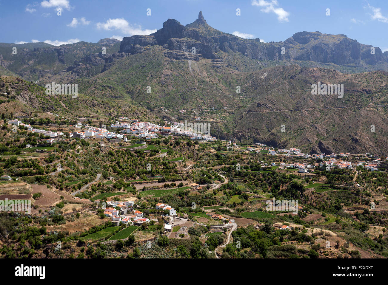 Ansicht von Tejeda und Roque Nublo, Gran Canaria, Kanarische Inseln, Spanien Stockfoto