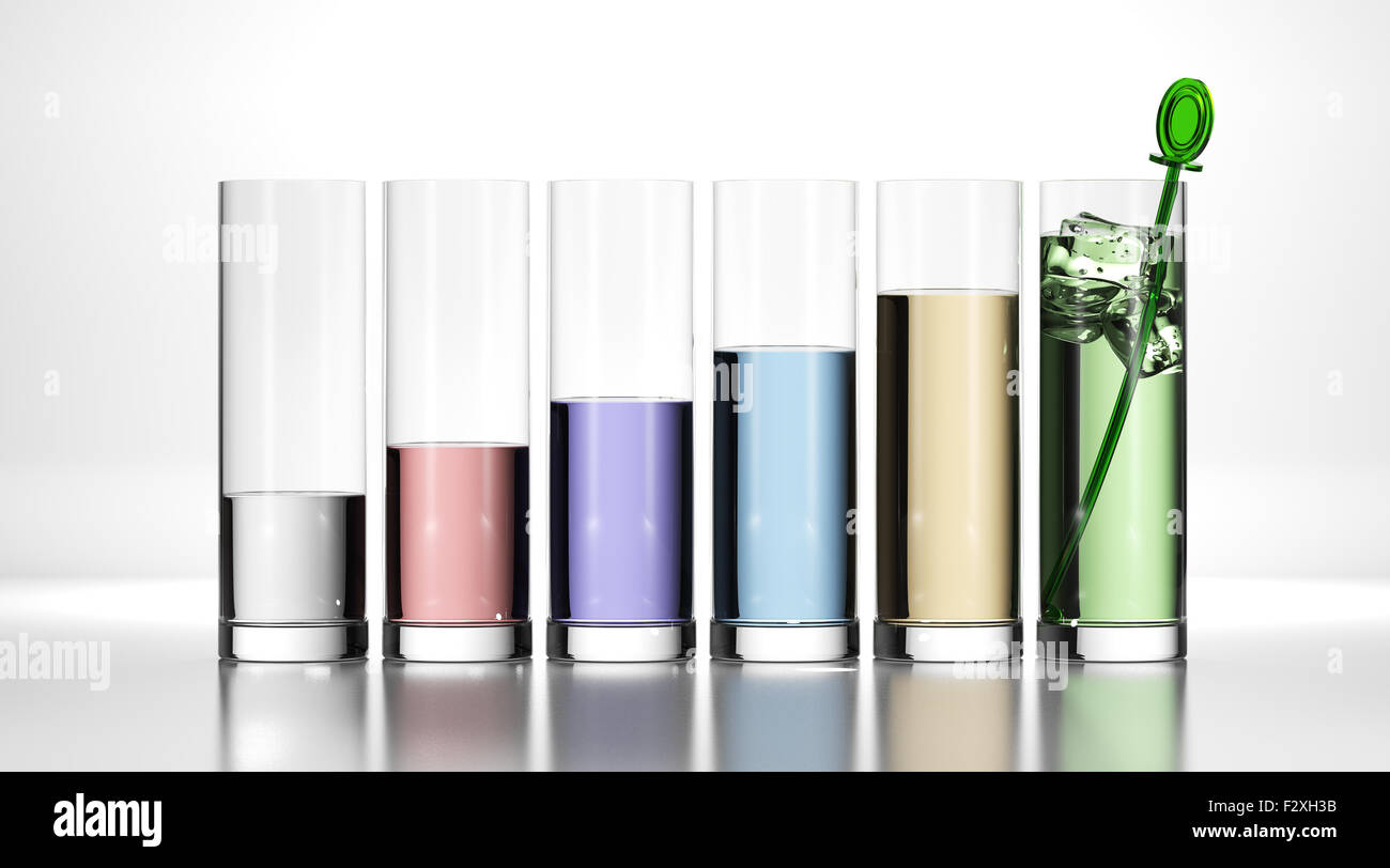 Sechs Gläser mit verschiedenen Farben auf weißem Hintergrund, Konzept Bild zur Illustration der Business Plan und Wachstum. Stockfoto