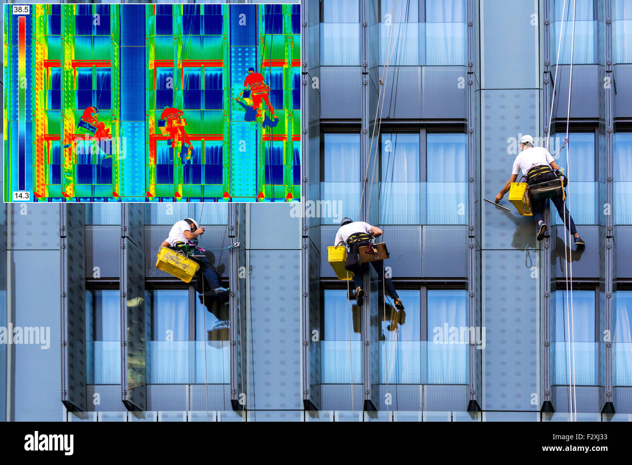 Infrarot-Thermografie und Echtbild drei Kletterer waschen Fenster Stockfoto
