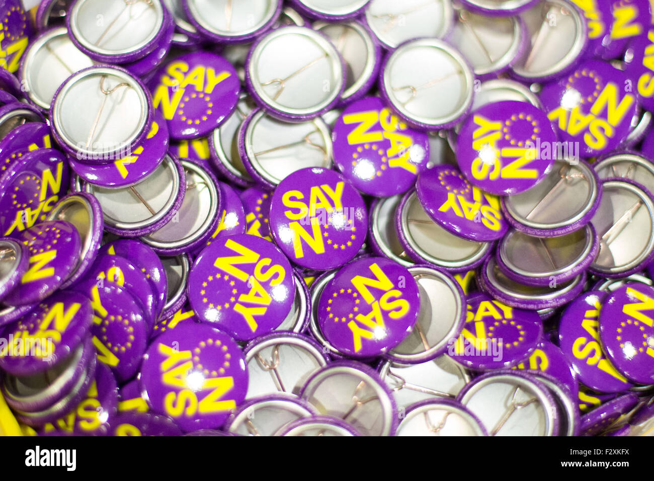 Doncaster, South Yorkshire, UK. 25. September 2015. Sagen keine Abzeichen an der ukip nationale Konferenz in Doncaster South Yorkshire, UK. 25. September 2015. Die jährliche Konferenz der Partei war die Bühne für die Enthüllung einer neuen Kampagne Kraft namens "Verlassen" der EU. Bestehend aus Interessengruppen und Think Tanks mit Tausenden Aktivisten zwischen Ihnen darauf abzielen wird, der Beziehungen der uk mit Brüssel zu beenden. Credit: Ian hinchliffe/alamy leben Nachrichten Stockfoto