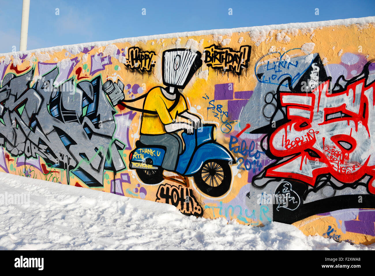 Winterimpressionen: Graffitiy, Mauerpark, Berlin-Prenzlauer Berg. Stockfoto