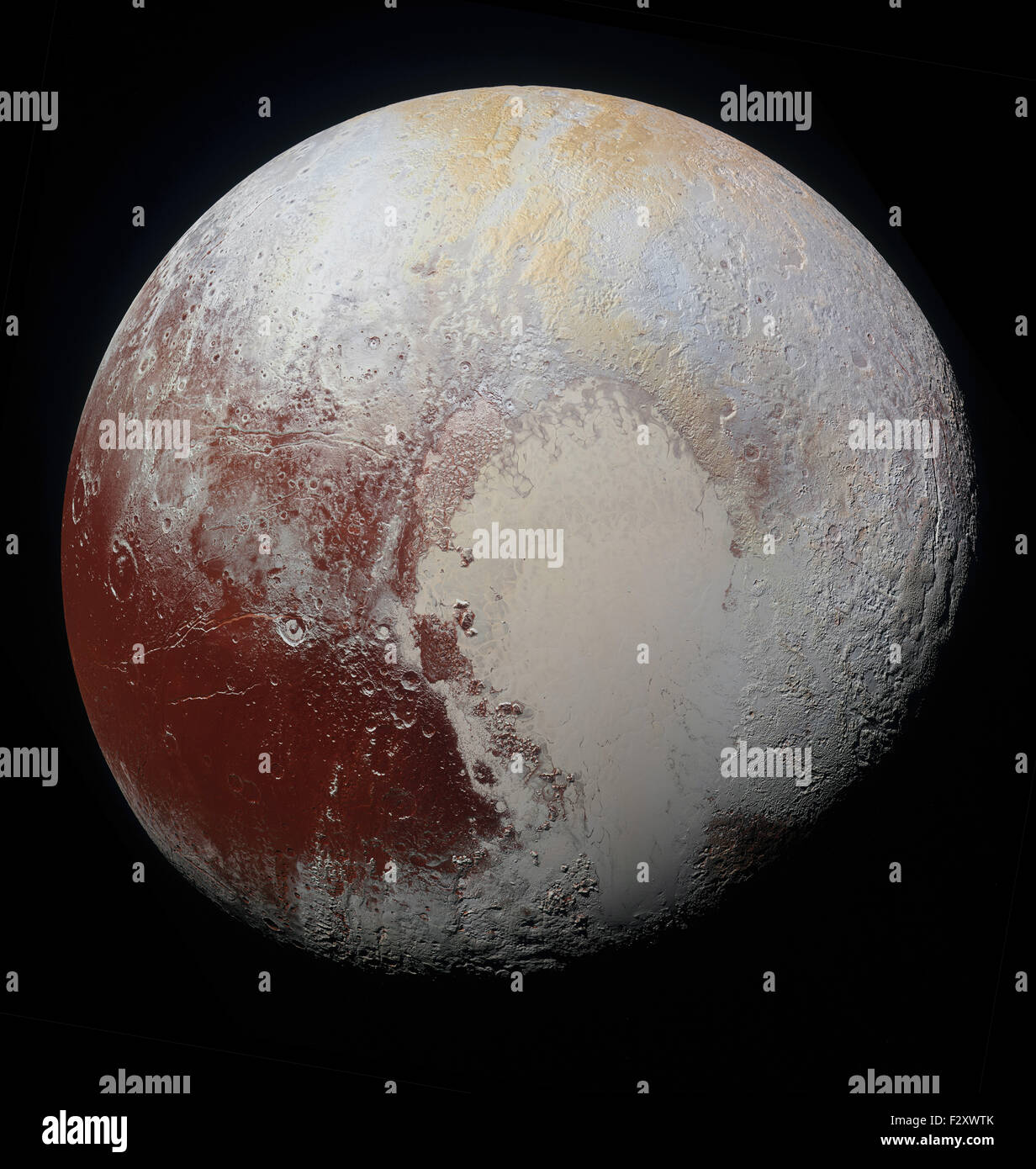 24. September 2015. New Horizons Raumsonde erfasst dieses super-high-resolution verbesserte Farbbilder von Pluto, hat soeben von NASA-Forschern (24. September 2015).   Plutos Oberfläche Sport eine bemerkenswerte Reihe von dezente Farben, verstärkt in diese Ansicht, um einen Regenbogen von Lattenblaus, gelben, Orangen und tiefen Rot. Viele Landschaftsformen haben ihre eigenen unterschiedlichen Farben, erzählt komplexen geologischen und klimatologischen, die Wissenschaftler gerade erst begonnen haben zu entschlüsseln. Credit: NASA/J Marshall - Tribaleye Bilder/Alamy Live-Nachrichten Stockfoto