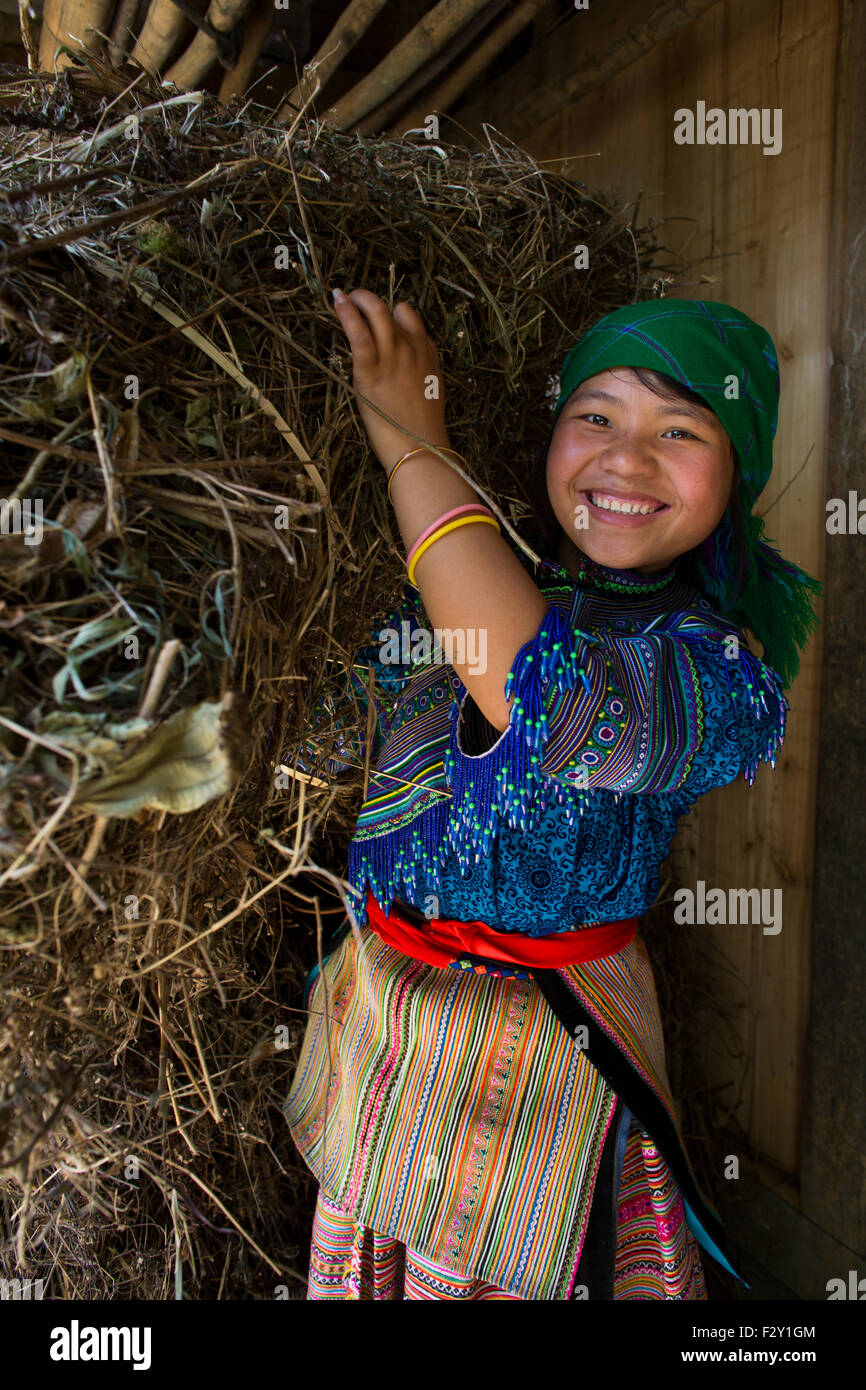 Ethnischen Hmong Mädchen sammeln von Brennholz in Sapa, Vietnam Stockfoto
