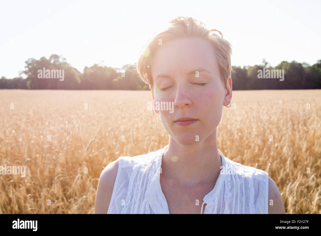 Kopf und Schultern Porträt einer jungen Frau, stehend in einem Maisfeld. Stockfoto